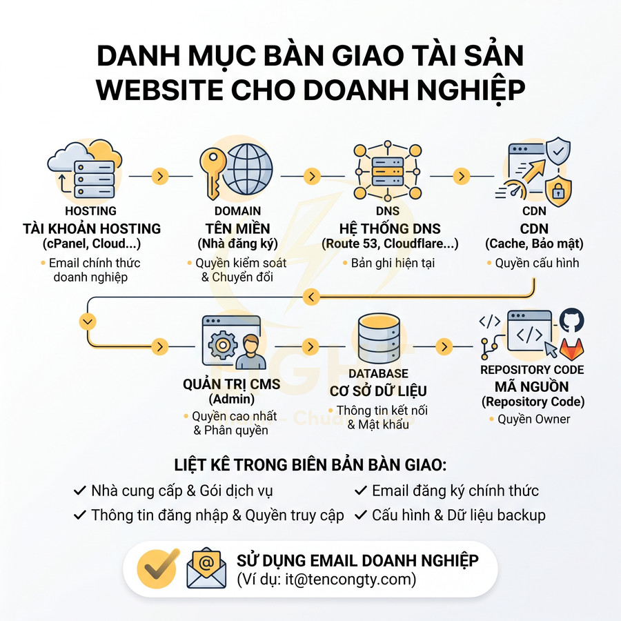Danh mục bàn giao tài sản website cho doanh nghiệp gồm hosting, tên miền, DNS, CDN, CMS, cơ sở dữ liệu và mã nguồn