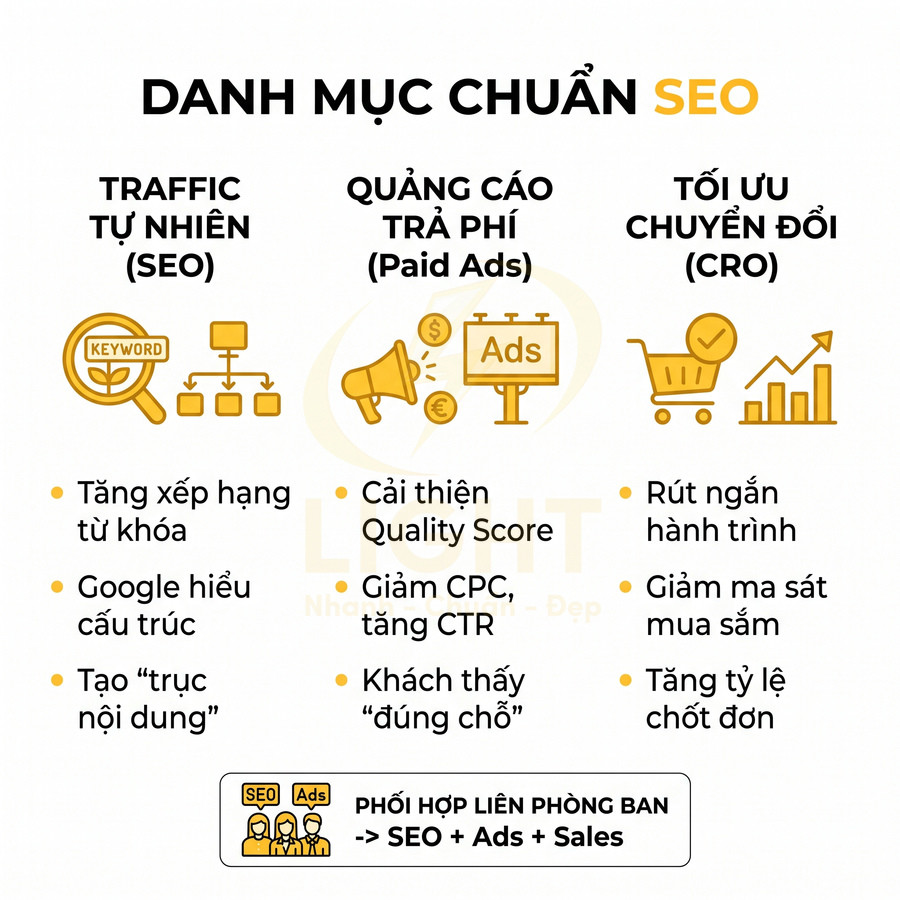 Danh mục chuẩn SEO với lợi ích của traffic tự nhiên, quảng cáo trả phí và tối ưu chuyển đổi CRO
