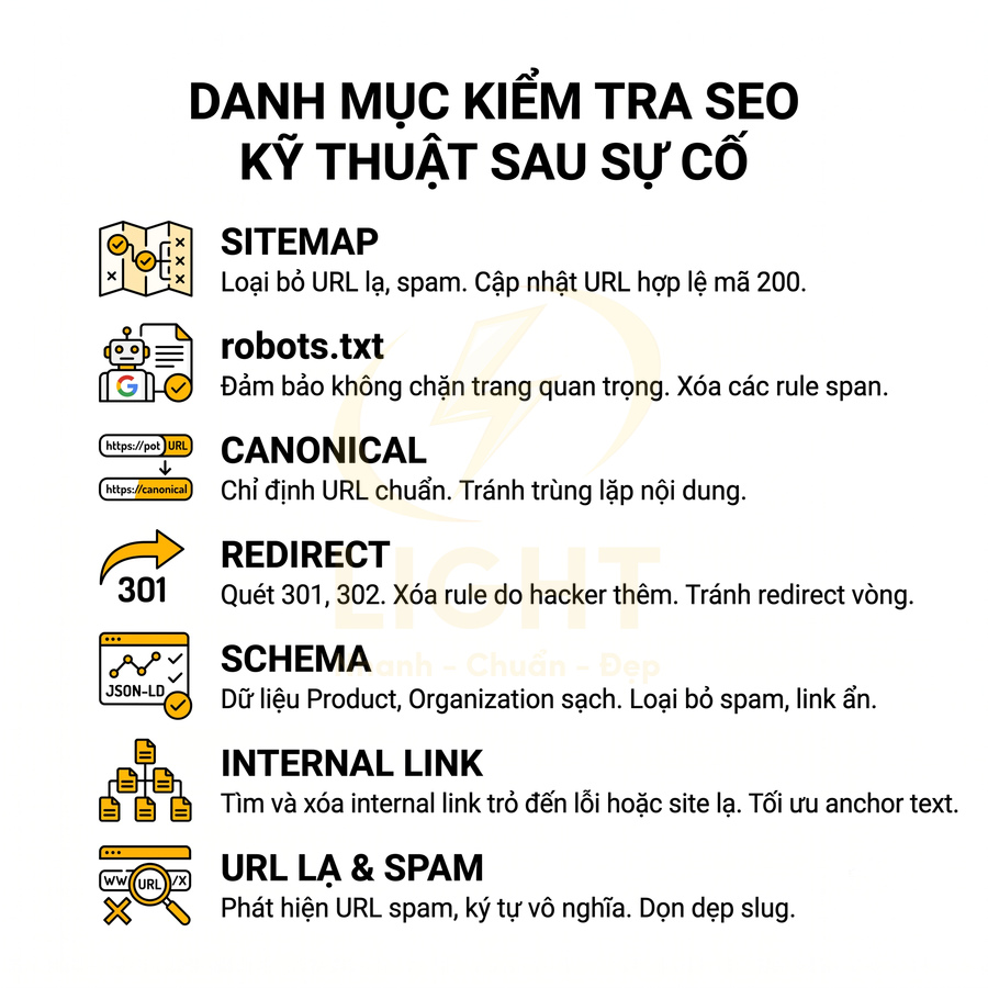 Danh mục kiểm tra SEO kỹ thuật sau sự cố với sitemap, robots.txt, canonical, redirect, schema, internal link, URL lạ và spam