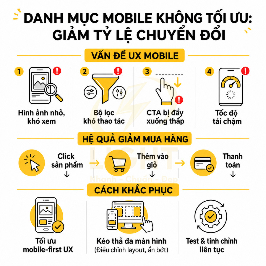 Infographic tối ưu UX danh mục mobile, nêu vấn đề hình ảnh nhỏ, bộ lọc khó dùng, CTA thấp, tải chậm và cách khắc phục