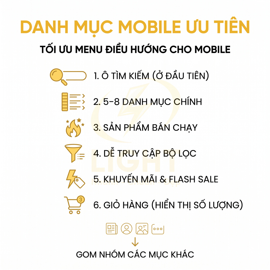 Danh sách ưu tiên danh mục mobile với các mục tìm kiếm, danh mục chính, sản phẩm bán chạy, bộ lọc, khuyến mãi và giỏ hàng