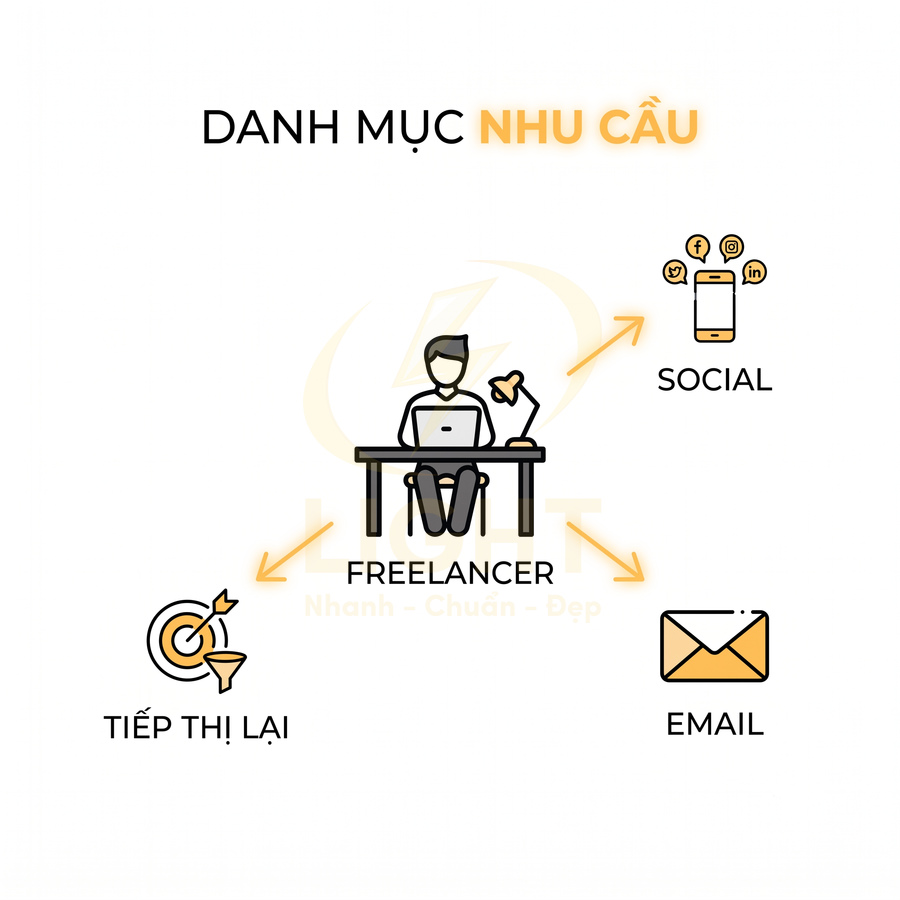 Minh họa freelancer làm việc với laptop kết nối social, tiếp thị lại và email trong danh mục nhu cầu
