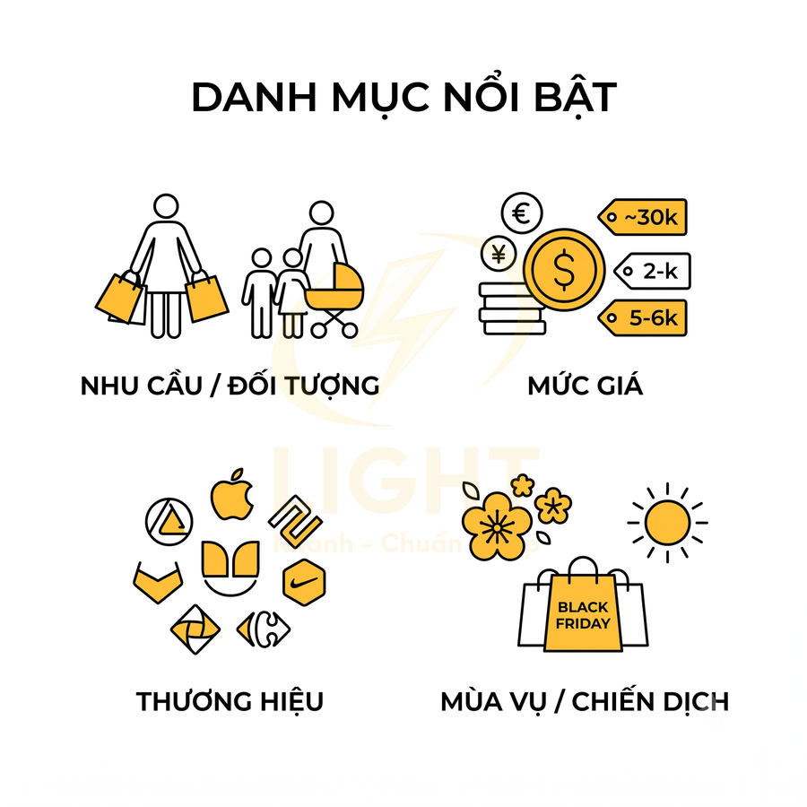 Minh họa danh mục nổi bật theo nhu cầu đối tượng, mức giá, thương hiệu và mùa vụ chiến dịch Black Friday