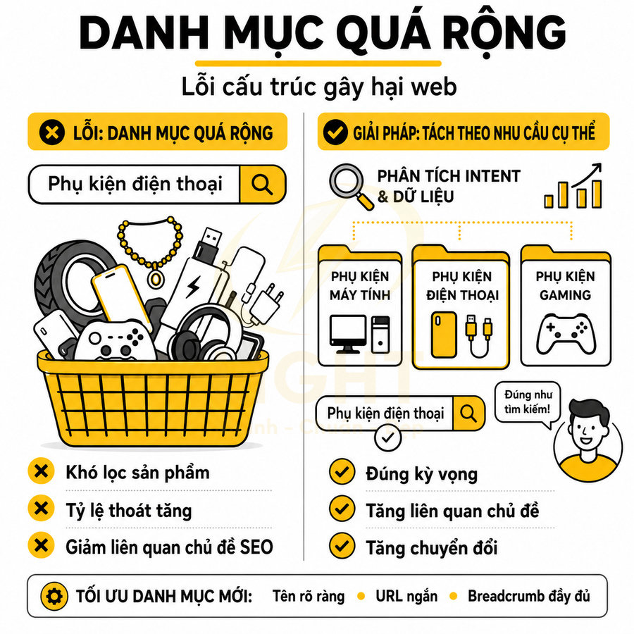 Minh họa lỗi danh mục phụ kiện điện thoại quá rộng và giải pháp chia nhỏ theo nhu cầu để tối ưu SEO và chuyển đổi