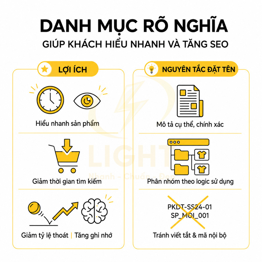 Infographic hướng dẫn đặt tên danh mục sản phẩm rõ nghĩa để khách hiểu nhanh và tăng hiệu quả SEO