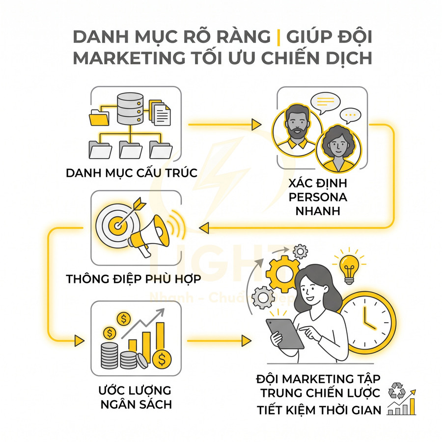 Quy trình danh mục rõ ràng giúp đội marketing tối ưu chiến dịch với cấu trúc, persona, thông điệp và ngân sách
