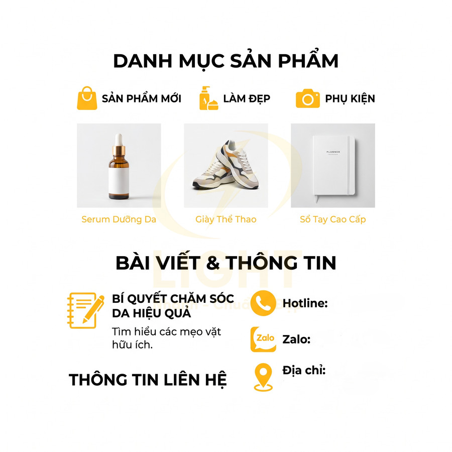 Banner danh mục sản phẩm với serum dưỡng da, giày thể thao, sổ tay cao cấp và thông tin liên hệ spa làm đẹp