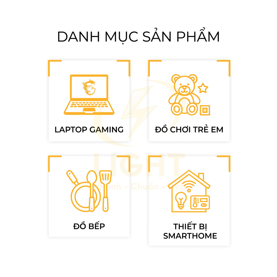 Danh mục sản phẩm gồm laptop gaming, đồ chơi trẻ em, đồ bếp và thiết bị smarthome icon minh họa