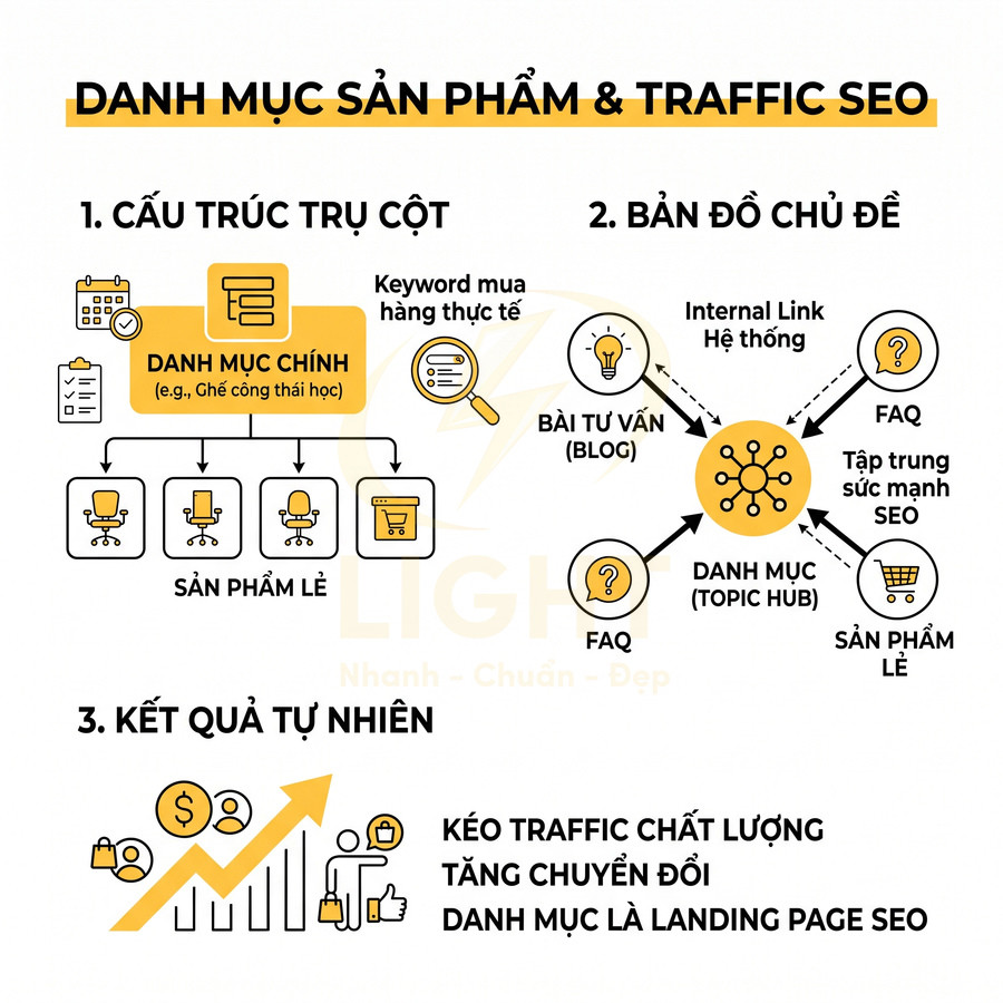 Mô hình danh mục sản phẩm làm landing page SEO với cấu trúc trụ cột, bản đồ chủ đề và kết quả tăng traffic chuyển đổi