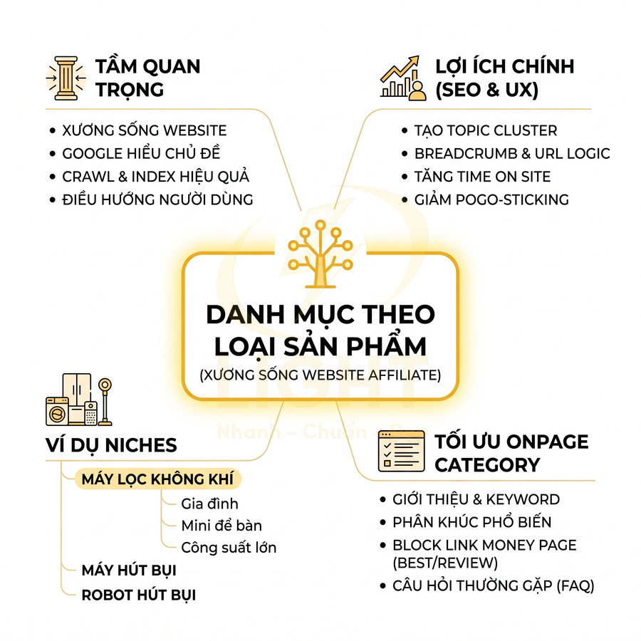Infographic danh mục theo loại sản phẩm cho website affiliate, nêu tầm quan trọng, lợi ích SEO UX và ví dụ niches máy lọc không khí