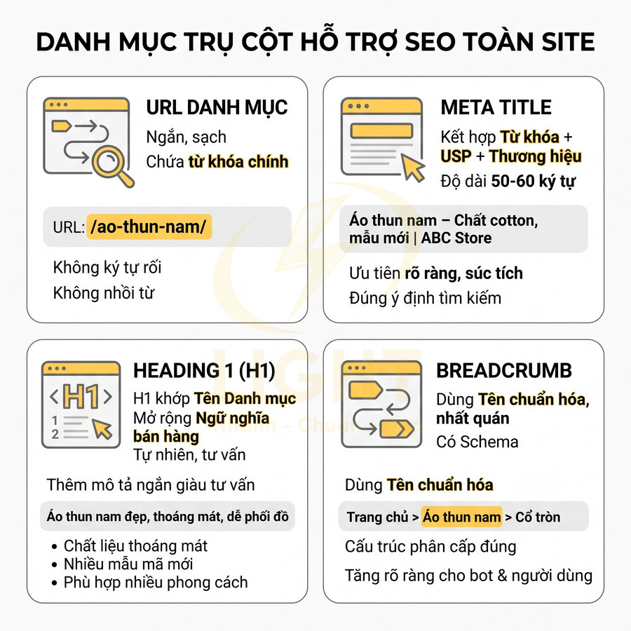 Checklist tối ưu URL, meta title, heading H1 và breadcrumb cho danh mục áo thun nam hỗ trợ SEO toàn site