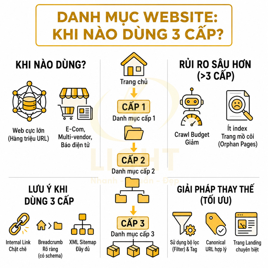Infographic hướng dẫn khi nào nên dùng danh mục website 3 cấp và lưu ý SEO, internal link, sitemap, giải pháp thay thế