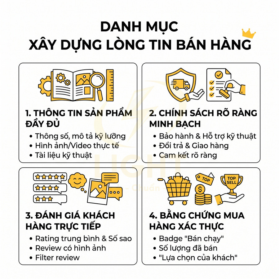 Danh mục xây dựng lòng tin bán hàng với 4 tiêu chí thông tin sản phẩm, chính sách, đánh giá khách hàng và bằng chứng mua hàng