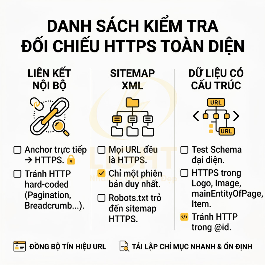 Danh sách kiểm tra đối chiếu HTTPS toàn diện cho liên kết nội bộ sitemap XML và dữ liệu có cấu trúc