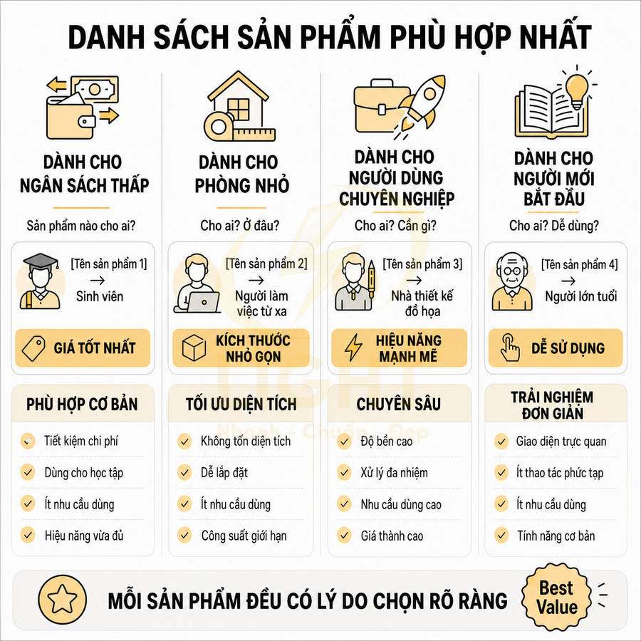 Danh sách gợi ý sản phẩm theo nhu cầu: ngân sách thấp, phòng nhỏ, người dùng chuyên nghiệp, người mới bắt đầu