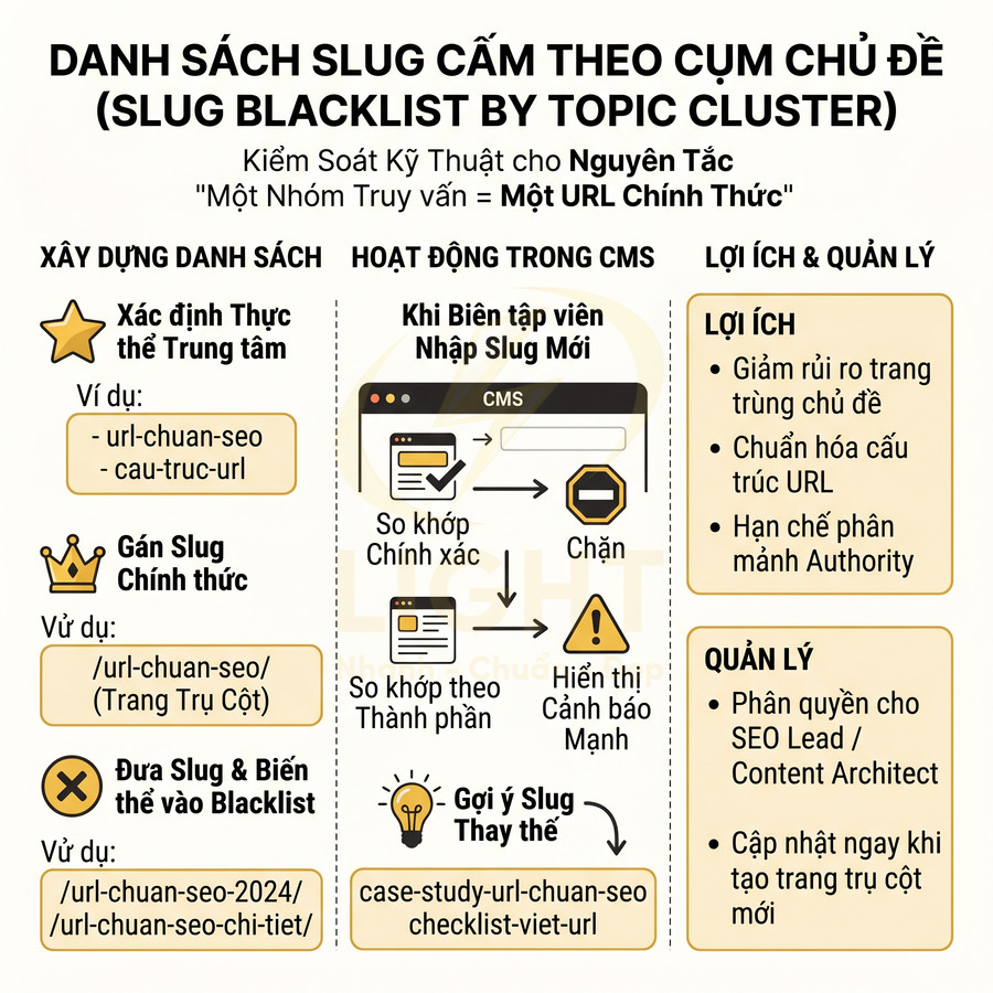 Infographic hướng dẫn tạo danh sách slug cấm theo cụm chủ đề trong CMS để chuẩn hóa cấu trúc URL và tránh trùng lặp nội dung