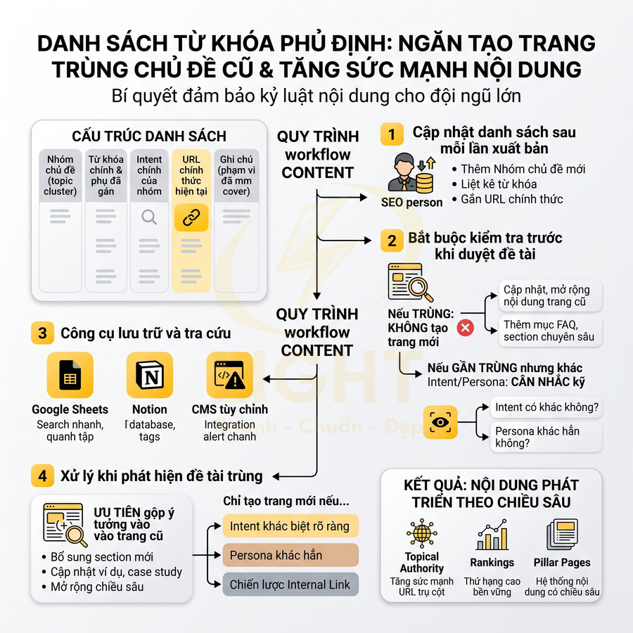 Infographic hướng dẫn tạo danh sách từ khóa phủ định để tránh trùng chủ đề và tối ưu chiến lược nội dung SEO