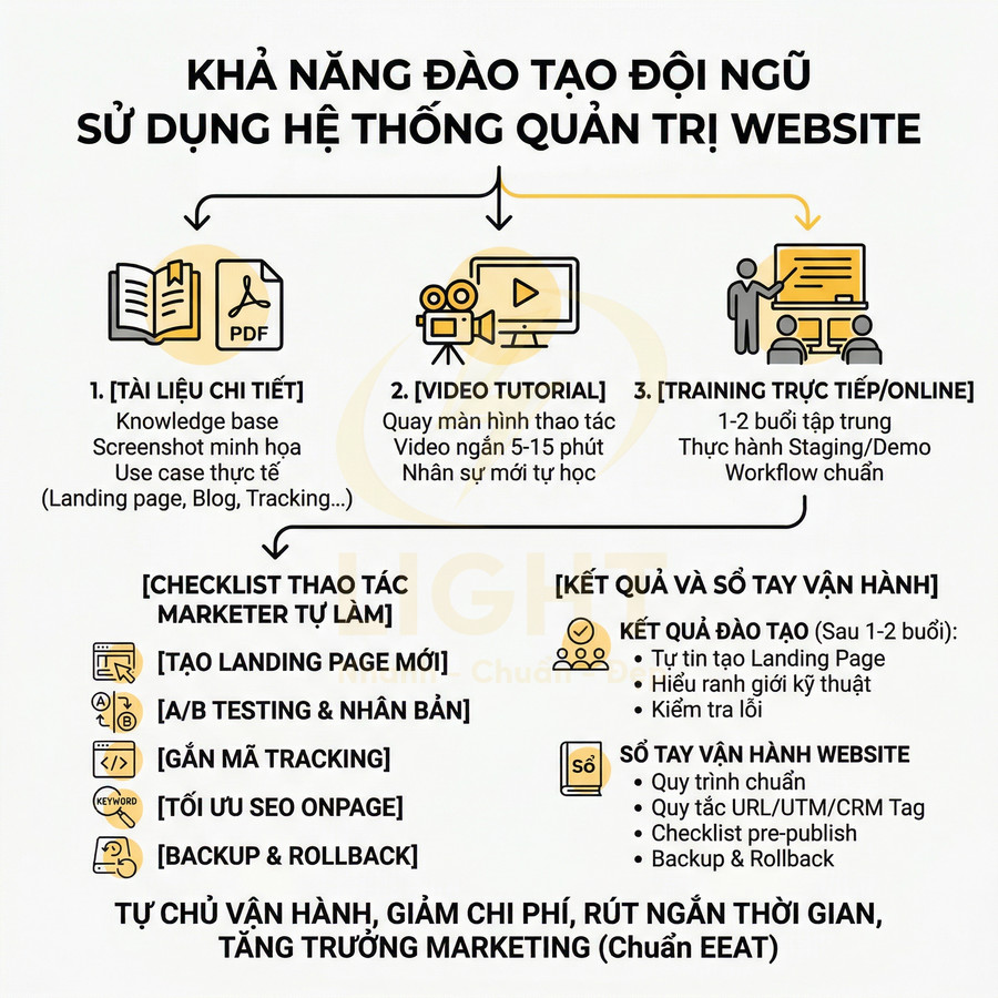 Infographic quy trình đào tạo sử dụng hệ thống quản trị website và checklist thao tác cho marketer