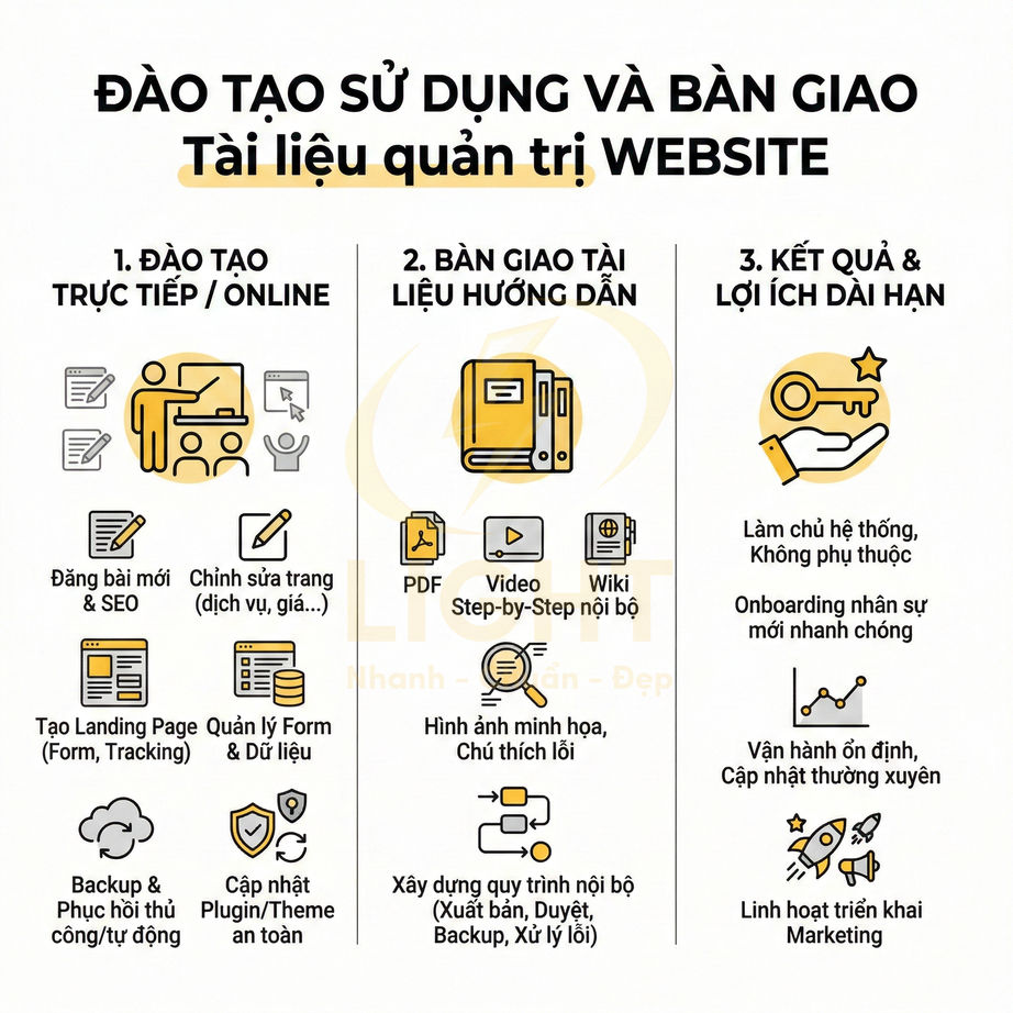 Đào tạo sử dụng và bàn giao tài liệu quản trị website, hướng dẫn SEO, landing page, backup và quy trình vận hành nội bộ