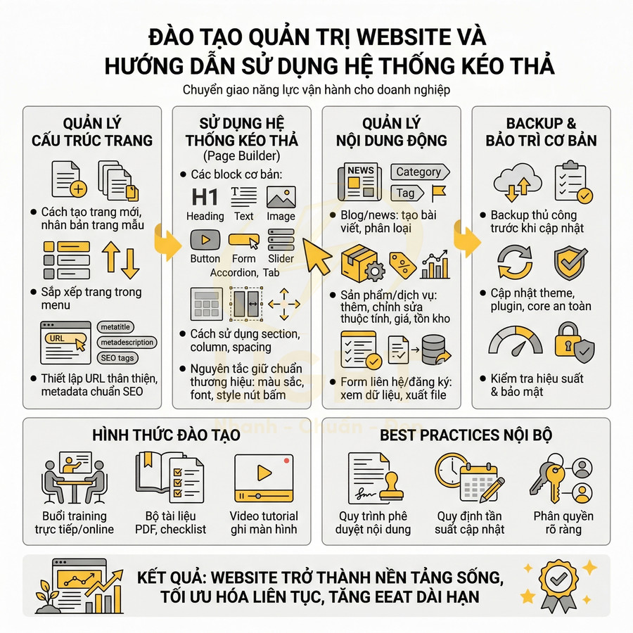 Infographic khóa đào tạo quản trị website và hướng dẫn sử dụng hệ thống kéo thả cho doanh nghiệp