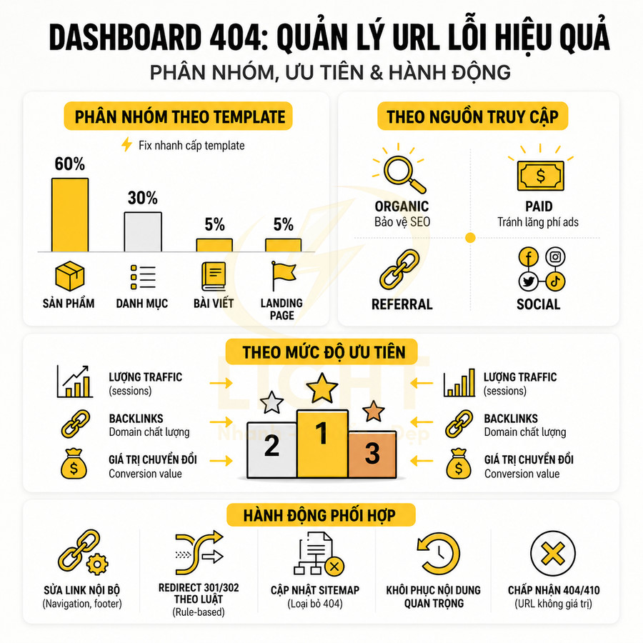 Dashboard 404 quản lý URL lỗi hiệu quả với phân nhóm, mức độ ưu tiên và hành động tối ưu SEO