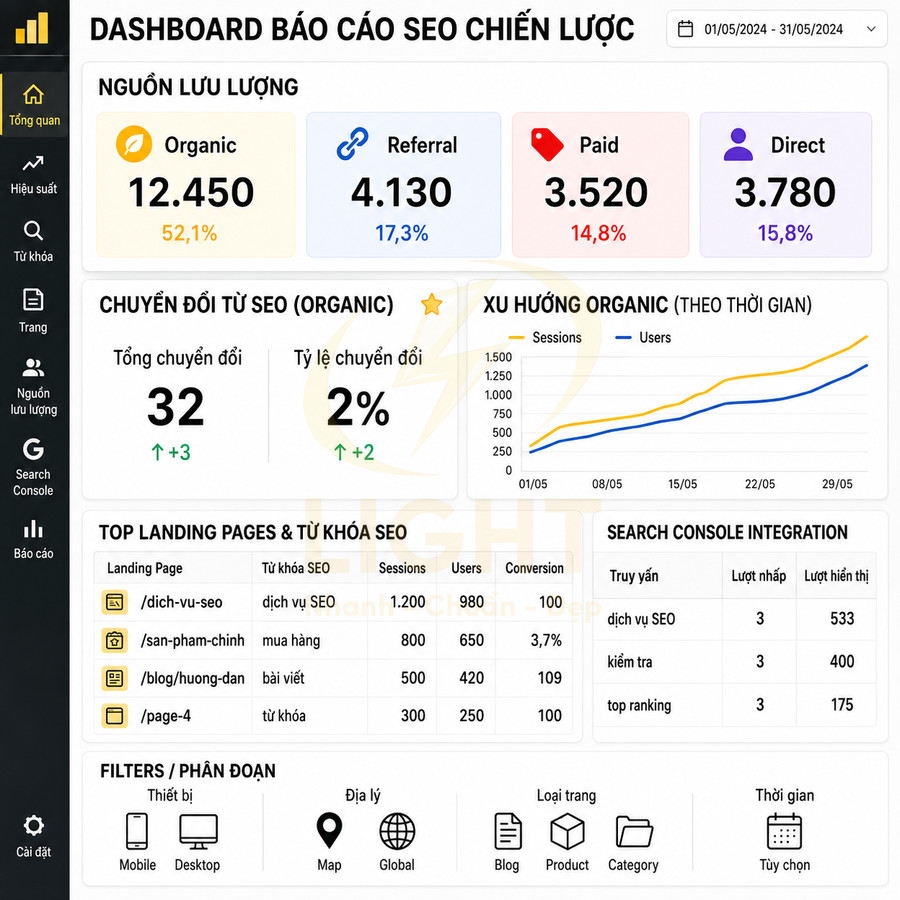 Dashboard báo cáo SEO chiến lược hiển thị nguồn lưu lượng, chuyển đổi, xu hướng organic và top landing page