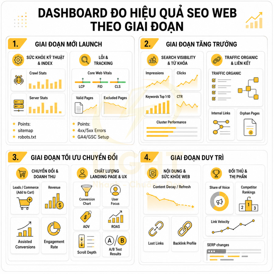 Dashboard đo hiệu quả SEO web theo 4 giai đoạn với các chỉ số kỹ thuật, nội dung, chuyển đổi và duy trì traffic