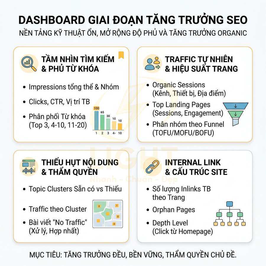 Dashboard giai đoạn tăng trưởng SEO với các chỉ số từ khóa, traffic tự nhiên, nội dung, internal link và cấu trúc website