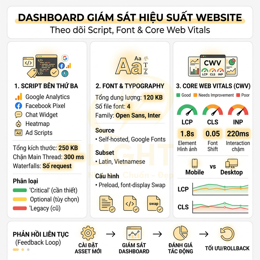 Dashboard giám sát hiệu suất website theo dõi script bên thứ ba, font chữ và chỉ số Core Web Vitals