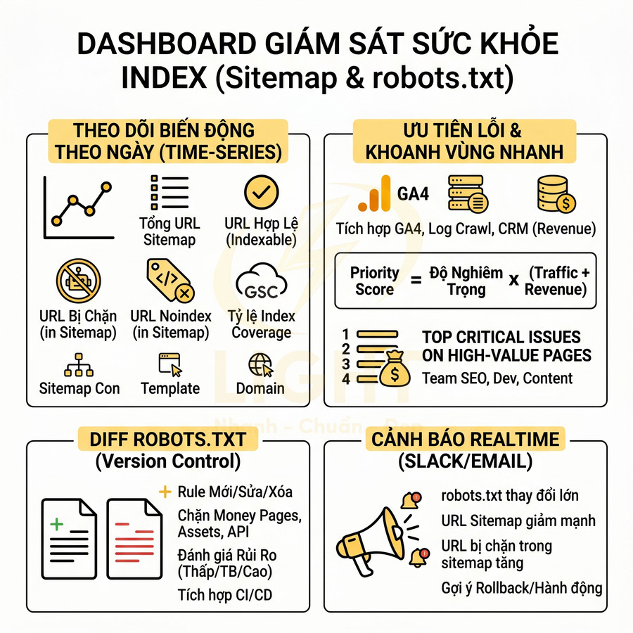 Dashboard giám sát sức khỏe index sitemap và robots.txt với theo dõi URL, ưu tiên lỗi và cảnh báo realtime