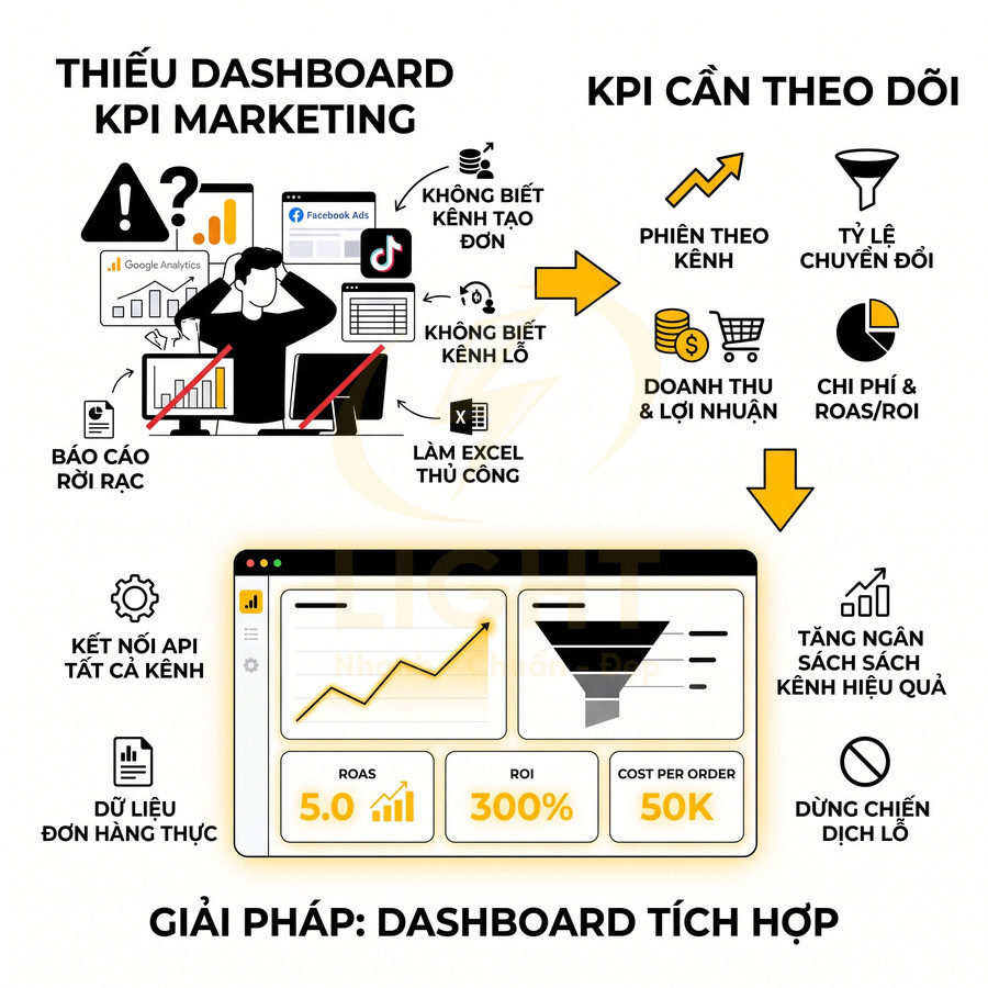 Dashboard KPI marketing tích hợp theo dõi ROAS ROI chi phí đơn hàng và hiệu quả kênh quảng cáo
