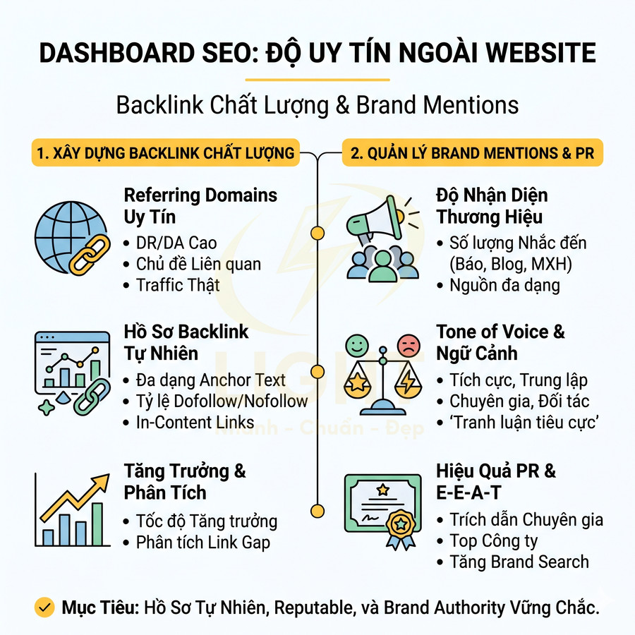Dashboard SEO độ uy tín ngoài website với chiến lược xây dựng backlink chất lượng và quản lý brand mentions