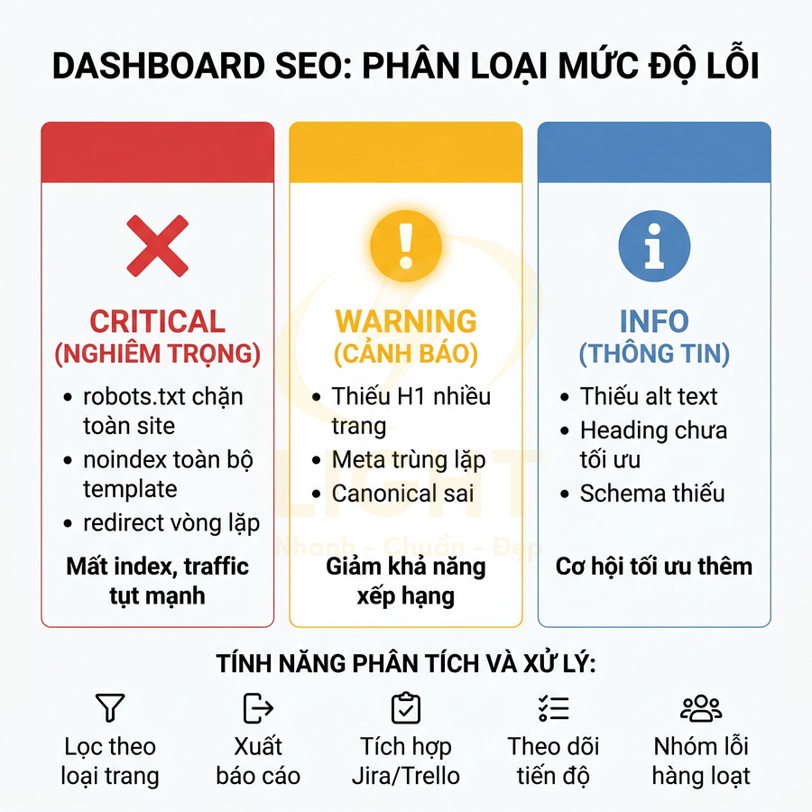 Dashboard SEO phân loại mức độ lỗi critical warning info và các tính năng phân tích xử lý lỗi SEO