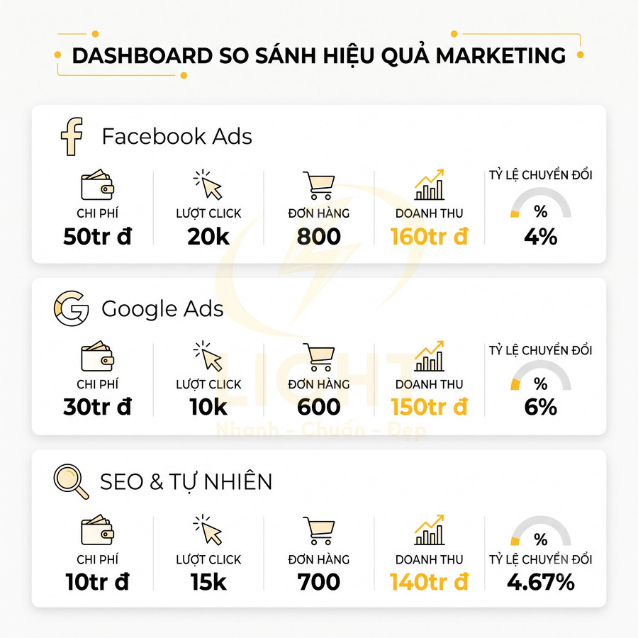 Dashboard so sánh hiệu quả marketing Facebook Ads, Google Ads và SEO về chi phí, lượt click, đơn hàng, doanh thu, tỷ lệ chuyển đổi