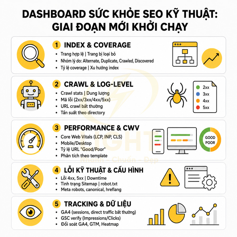Dashboard sức khỏe SEO kỹ thuật giai đoạn khởi chạy với 5 nhóm chỉ số và biểu tượng minh họa chi tiết