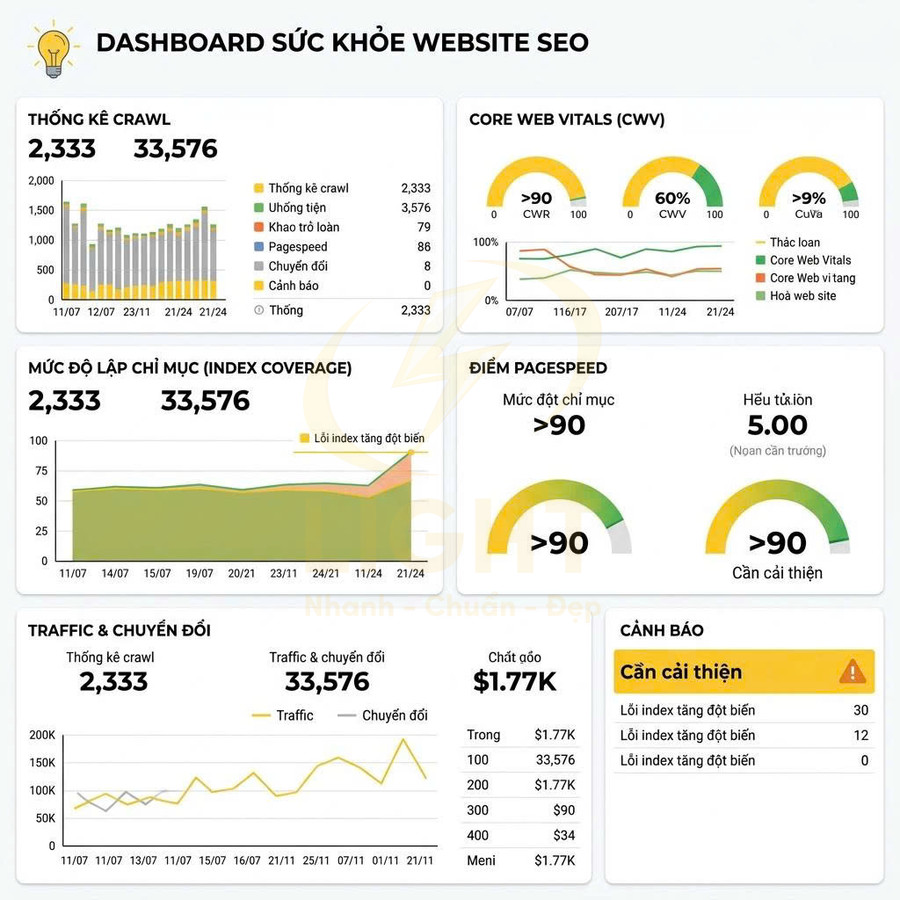 Dashboard sức khỏe website SEO hiển thị thống kê crawl, index, Core Web Vitals, PageSpeed, traffic và cảnh báo tối ưu hóa