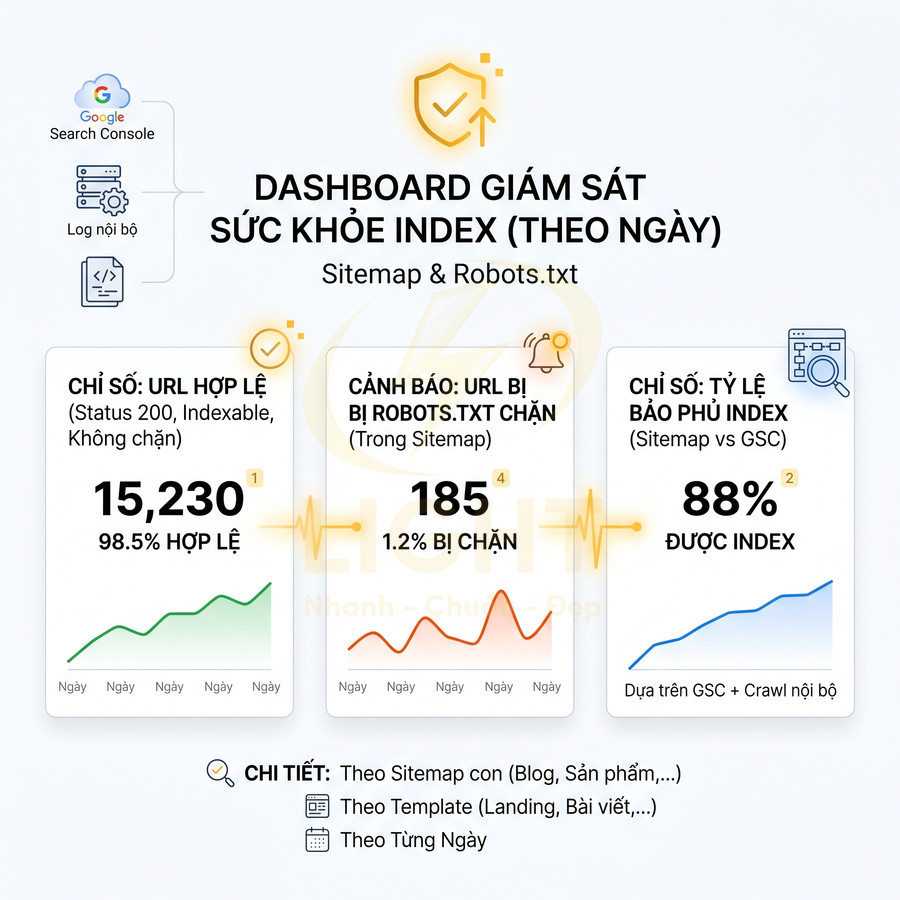 Dashboard theo dõi sức khỏe sitemap và robots.txt với biểu đồ URL, tỷ lệ index coverage và bộ lọc chi tiết