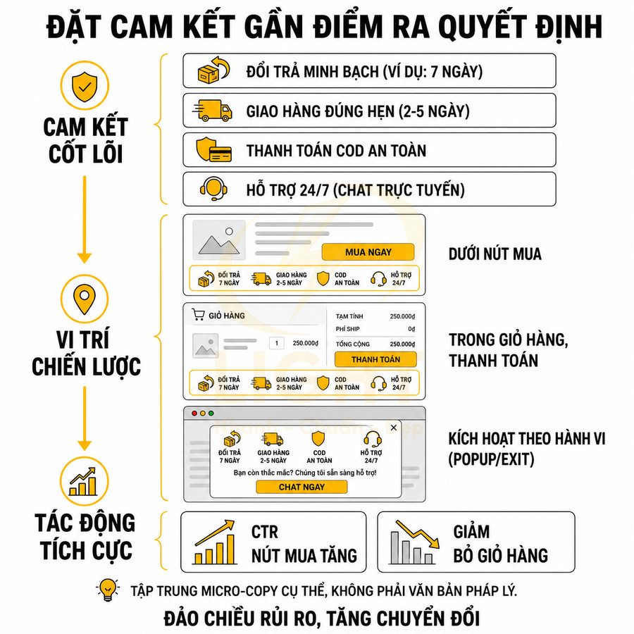 Infographic hướng dẫn đặt cam kết đổi trả, giao hàng, COD, hỗ trợ 24/7 gần nút mua để tăng chuyển đổi mua hàng online