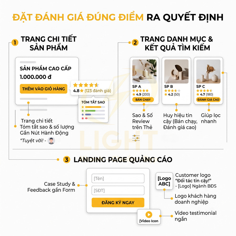 Hướng dẫn đặt đánh giá sản phẩm đúng vị trí trên trang chi tiết, danh mục và landing page để tăng chuyển đổi