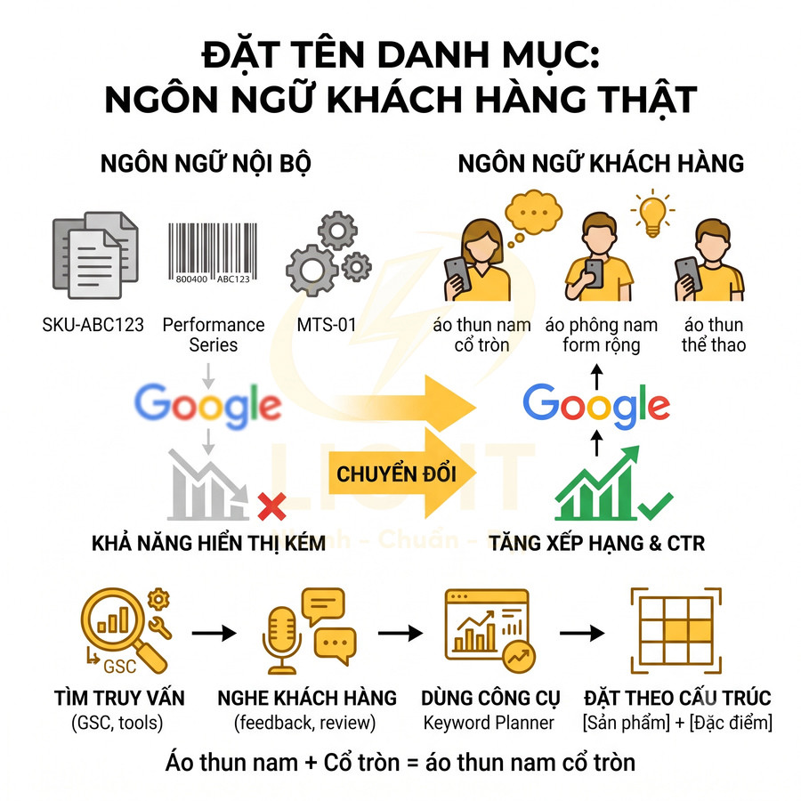 Infographic hướng dẫn đặt tên danh mục áo thun nam theo ngôn ngữ khách hàng để tăng hiển thị và chuyển đổi trên Google
