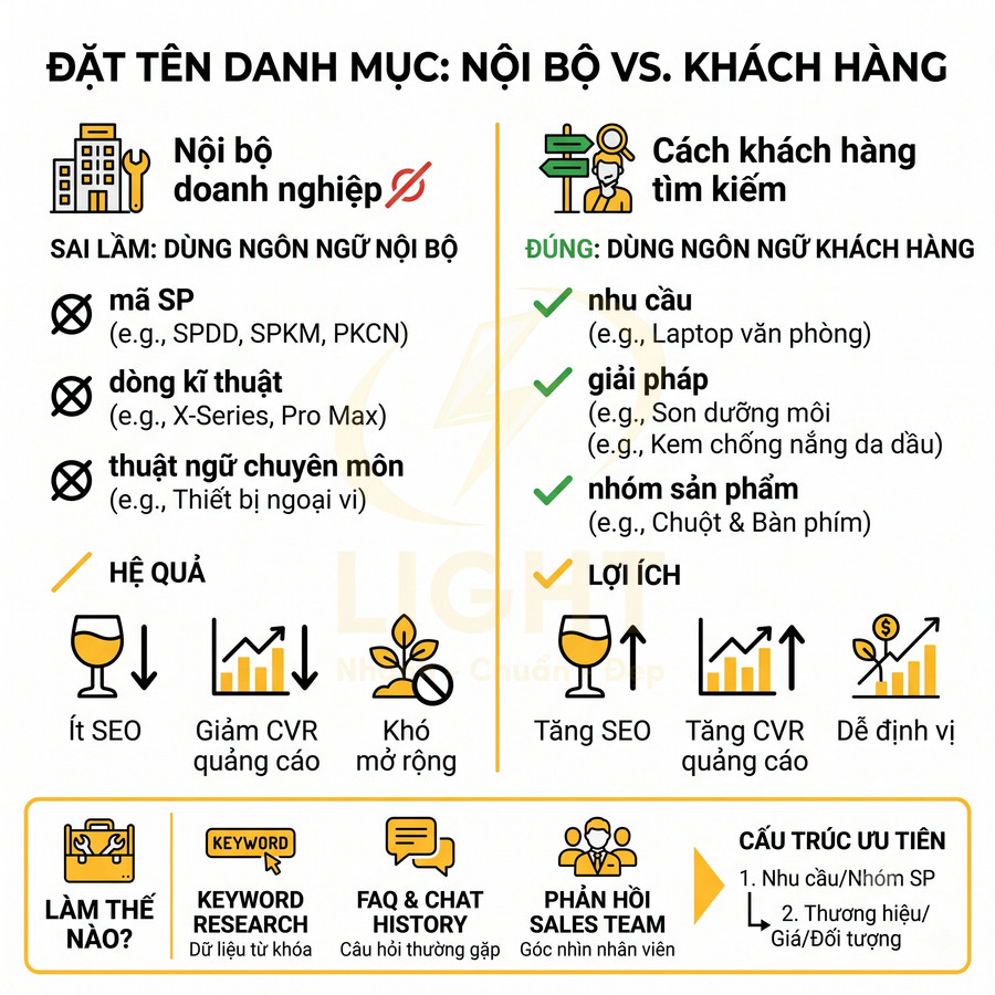 Infographic hướng dẫn đặt tên danh mục sản phẩm theo ngôn ngữ khách hàng để tăng SEO và hiệu quả quảng cáo