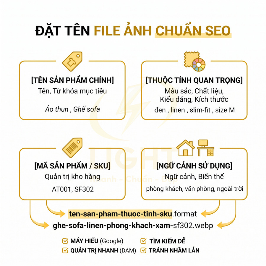 Hướng dẫn đặt tên file ảnh sản phẩm chuẩn SEO với tên sản phẩm thuộc tính mã SKU và ngữ cảnh sử dụng