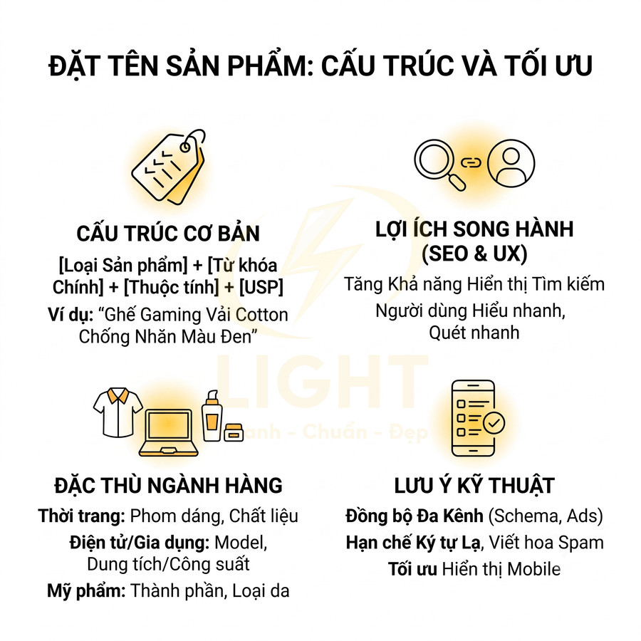 Hướng dẫn đặt tên sản phẩm chuẩn SEO với cấu trúc, lợi ích, đặc thù ngành hàng và lưu ý kỹ thuật