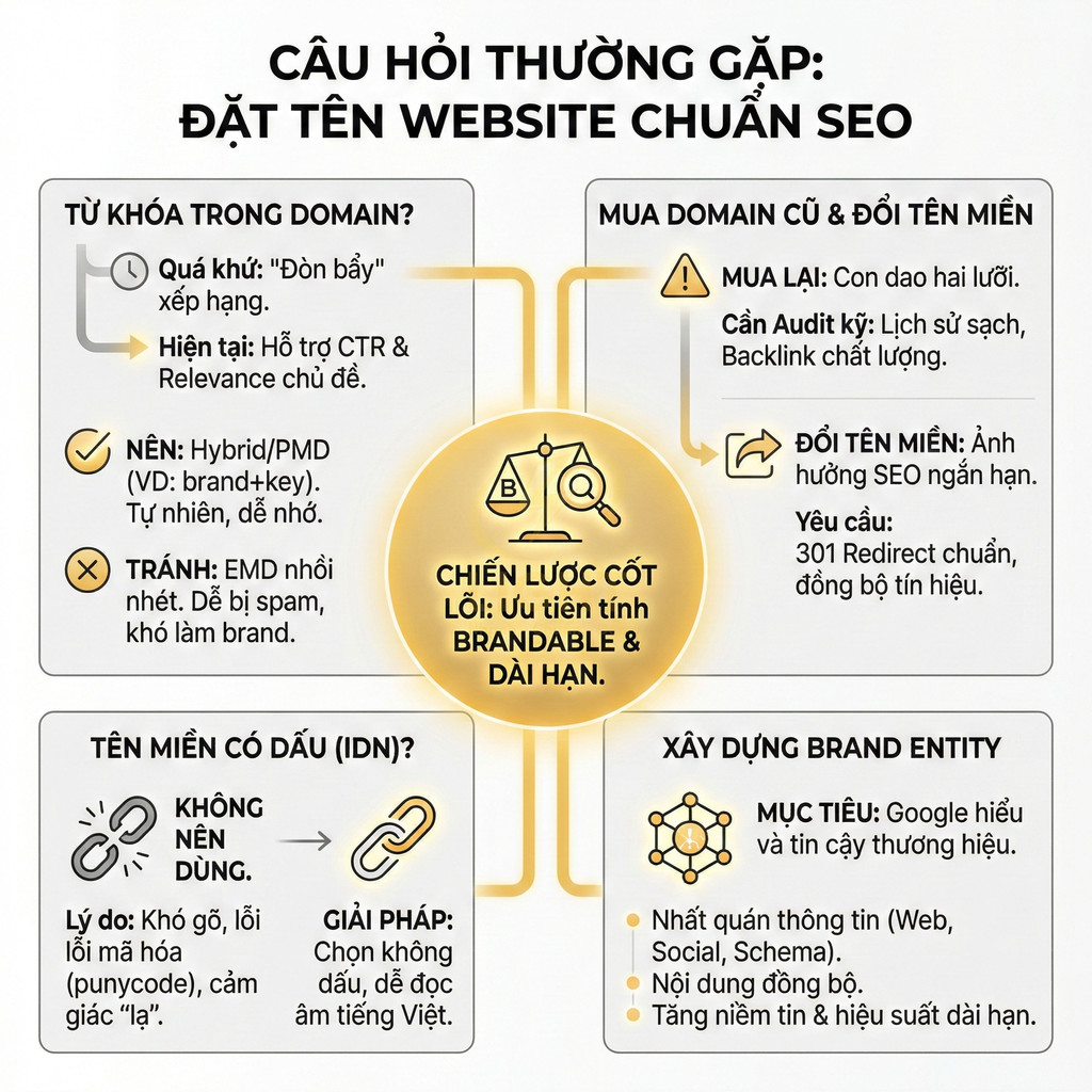 Infographic hướng dẫn đặt tên website chuẩn SEO, chọn domain brandable, tránh nhồi nhét từ khóa và tối ưu thương hiệu