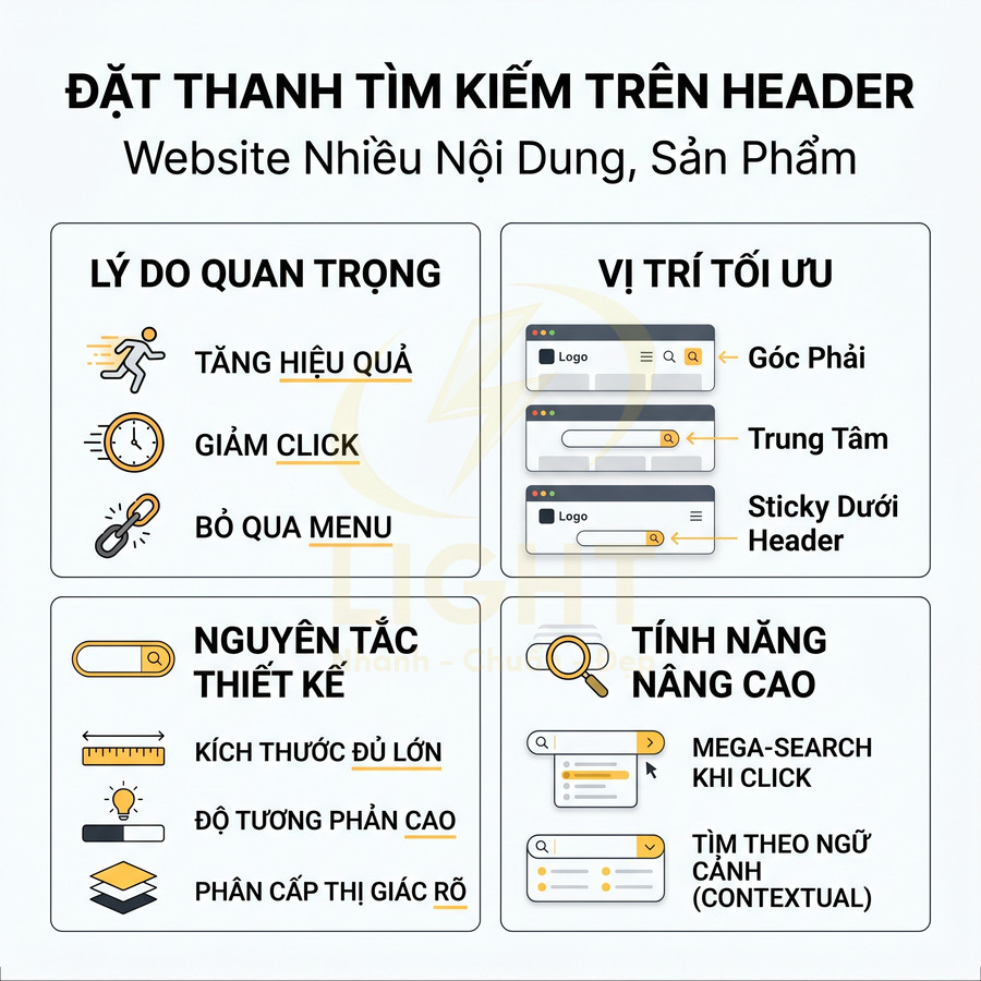 Hướng dẫn tối ưu thanh tìm kiếm trên header website nhiều nội dung với vị trí, thiết kế và tính năng nâng cao