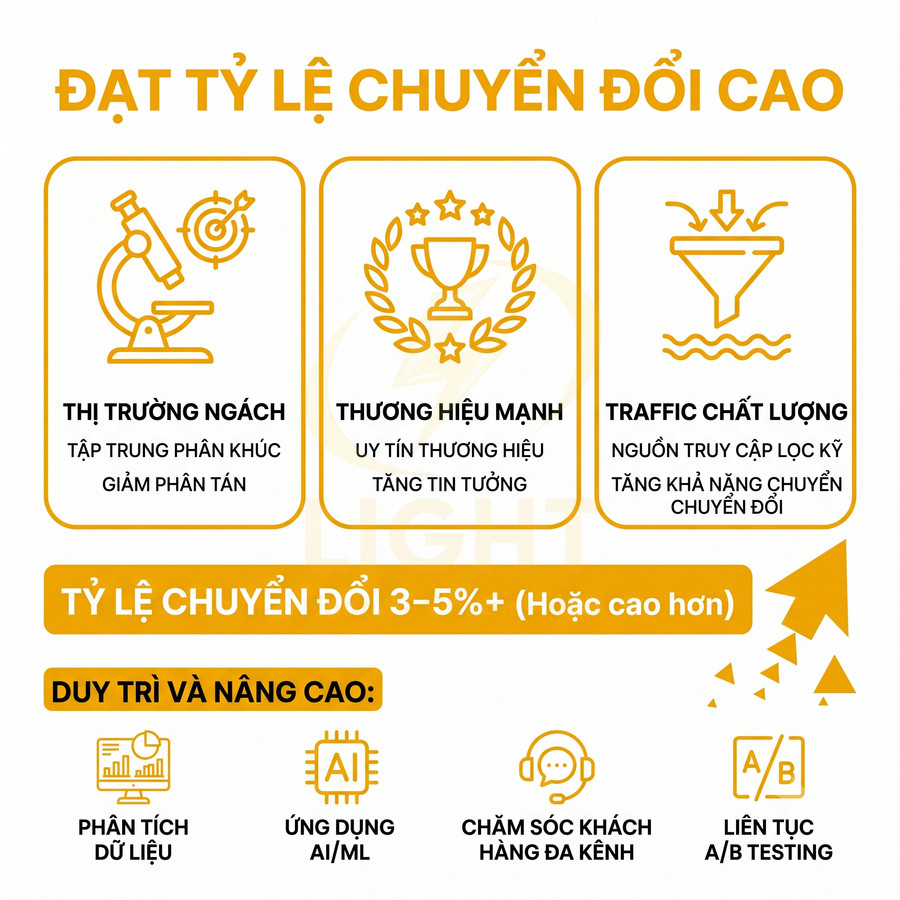 Infographic đạt tỷ lệ chuyển đổi cao với thị trường ngách, thương hiệu mạnh, traffic chất lượng và tối ưu dữ liệu, AI, A/B testing