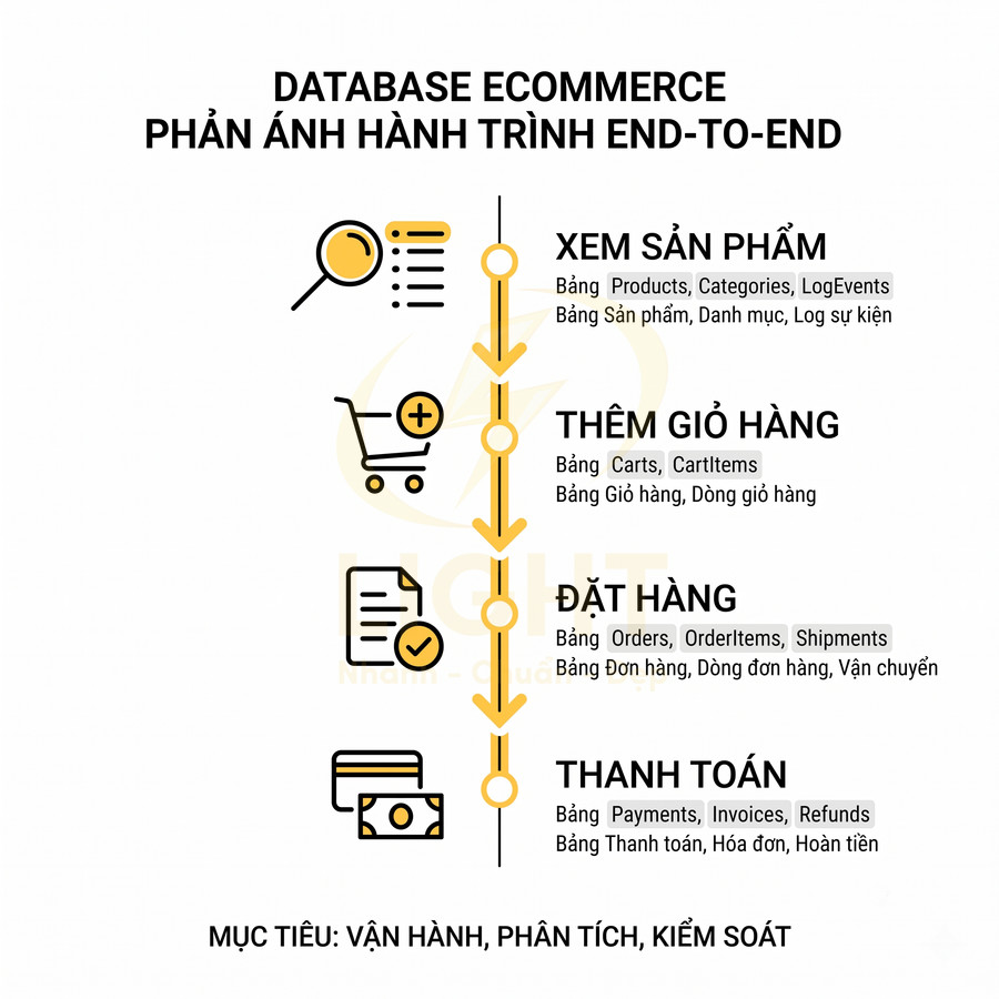 Sơ đồ database ecommerce mô tả hành trình khách hàng từ xem sản phẩm, thêm giỏ hàng, đặt hàng đến thanh toán