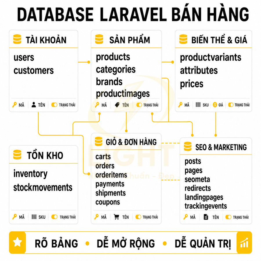 Sơ đồ cấu trúc database Laravel cho website bán hàng với các bảng tài khoản sản phẩm đơn hàng và marketing