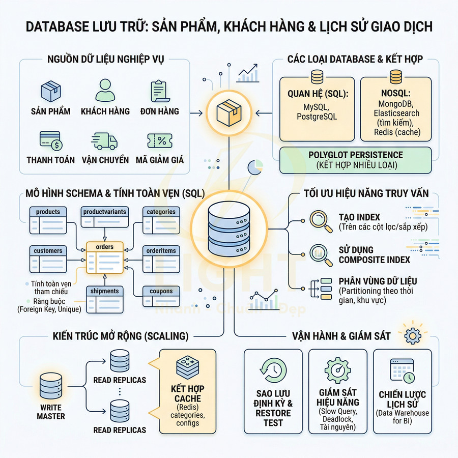 Sơ đồ kiến trúc database lưu trữ sản phẩm, khách hàng, đơn hàng và lịch sử giao dịch cho hệ thống bán hàng