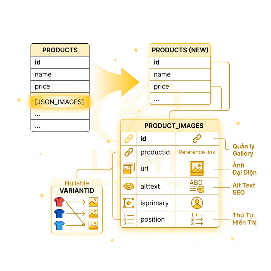 Sơ đồ cấu trúc bảng sản phẩm và bảng PRODUCT_IMAGES quản lý ảnh sản phẩm và alt text SEO